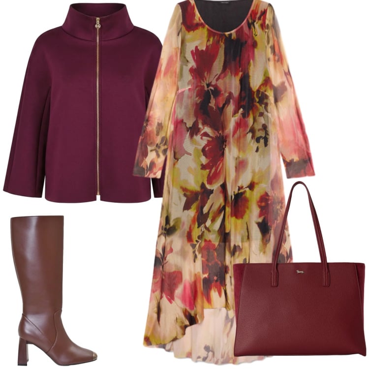 Outfit donna - Flowers Print. Stile Casual chic per Tutti i giorni. Abbinamento con shopping bag, vestiti lunghi, stivali sopra il ginocchio, cappotti.