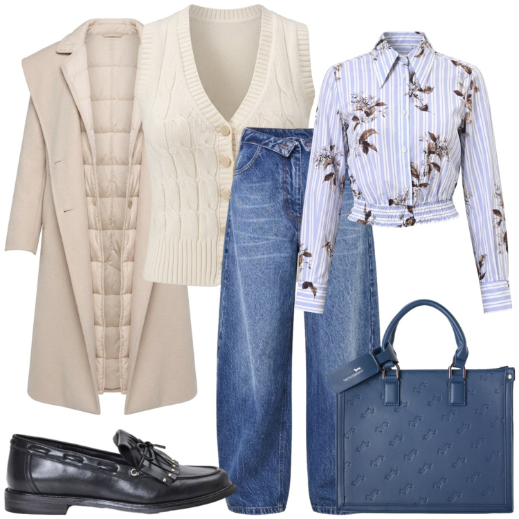 Outfit donna - Total look #2499895. Stile Chic per Tutti i giorni. Abbinamento con cappotti, borse a mano, maglieria, camicie, jeans mom, mocassini.