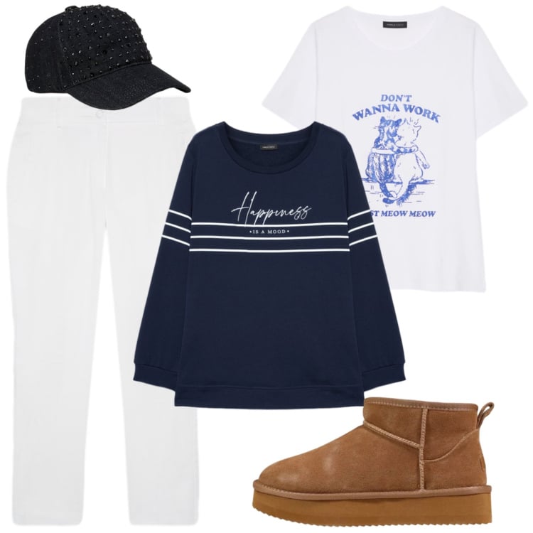 Outfit donna - Total look #2499896. Stile Casual chic per Tutti i giorni. Abbinamento con stivaletti, pantaloni, felpe, cappelli con visiera, t-shirt.