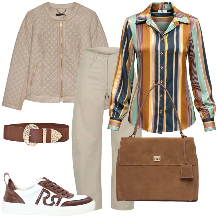 Outfit donna - Total look #2499898. Stile Casual chic per Tutti i giorni. Abbinamento con camicie, pantaloni, borse a mano, giacche, cinture, sneakers.