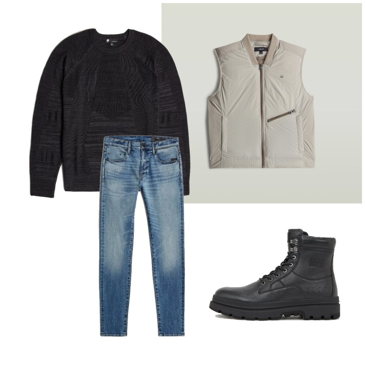 Outfit homme - Urban #4645. Style Urban pour Tous les jours. Assortir avec doudounes, bottes, pulls, jean skinny.