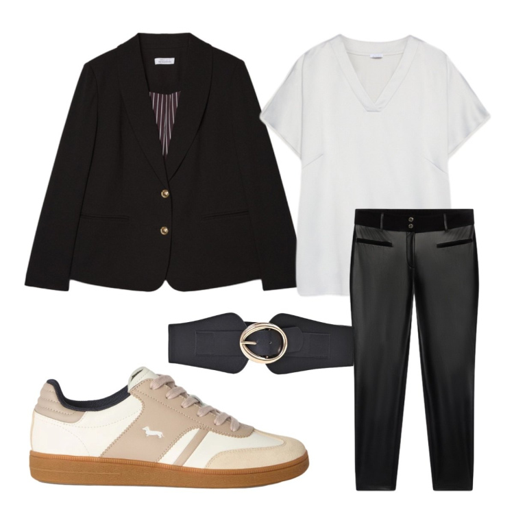 Outfit donna - Ottobre. Stile Mannish per Ufficio. Abbinamento con sneakers, t-shirt, blazer, pantaloni skinny, cinture.