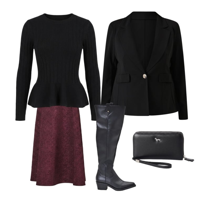 Outfit donna - Elegante a lavoro. Stile Bon Ton per Ufficio. Abbinamento con portafogli, blazer, gonne longuette, stivali, maglieria.