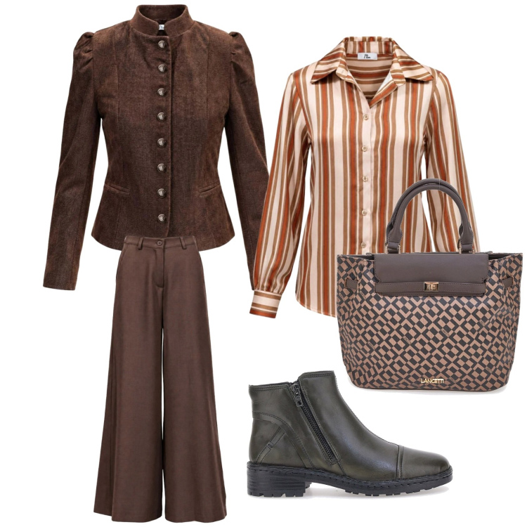 Outfit donna - I AM. Stile Basic per Scuola/Università. Abbinamento con blazer, pantaloni a palazzo, camicie, stivaletti, borse a mano.