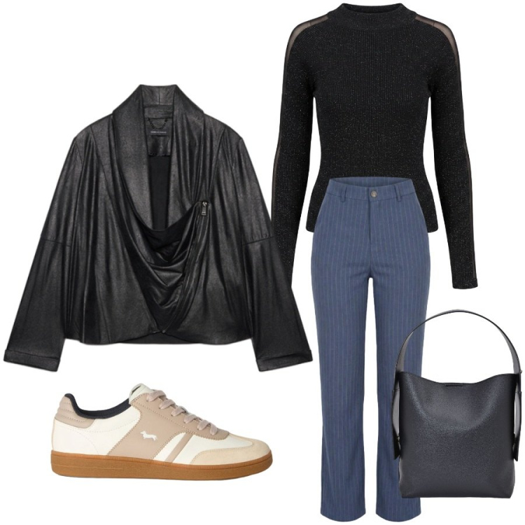 Outfit donna - Minimal. Stile Urban per Tutti i giorni. Abbinamento con jeans dritti, sneakers, blazer, borse a spalla, maglieria.