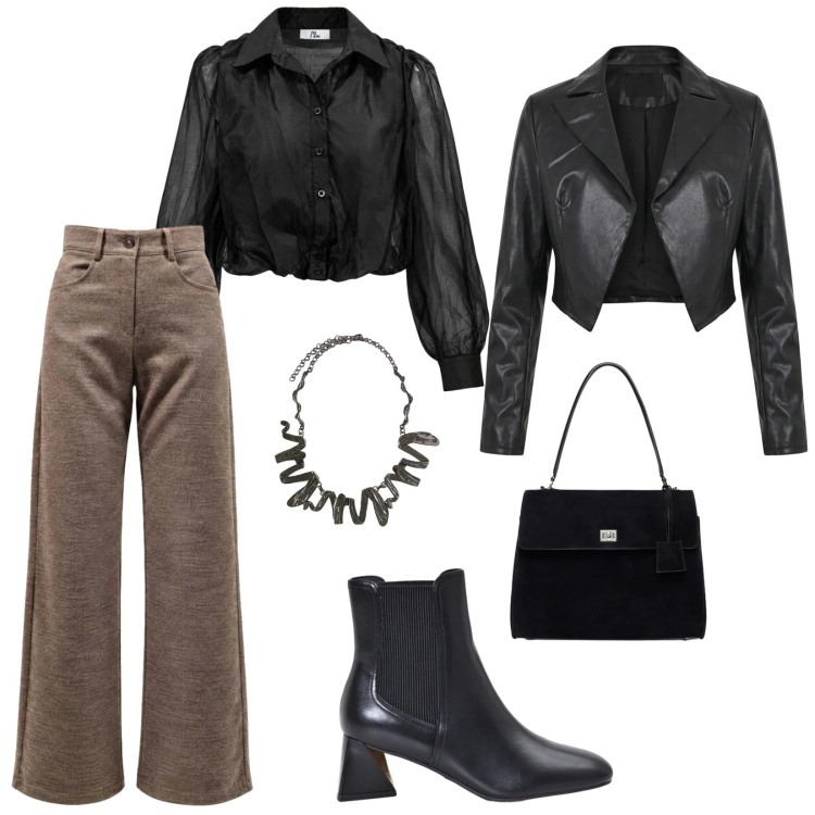 Outfit donna - La mia serata. Stile Casual per Serata fuori. Abbinamento con camicie, pantaloni, borse a mano, ciondoli, stivaletti, blazer.