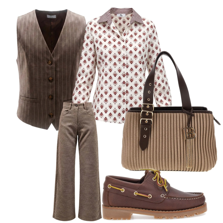 Outfit donna - Weekend fuori casa. Stile Basic per Tutti i giorni. Abbinamento con pantaloni, camicie, gilet, mocassini, borse a mano.