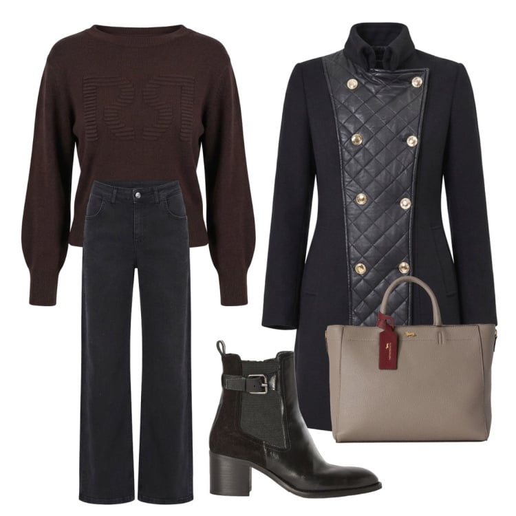 Outfit donna - Jeans con strass. Stile Trendy per Ufficio. Abbinamento con borse a mano, stivaletti, maglieria, jeans, cappotti.