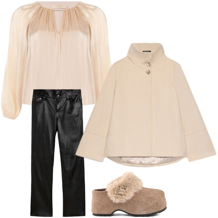 Outfit donna - Total look #2499931. Stile Casual chic per Serata fuori. Abbinamento con cappe, bluse, pantaloni, zoccoli.