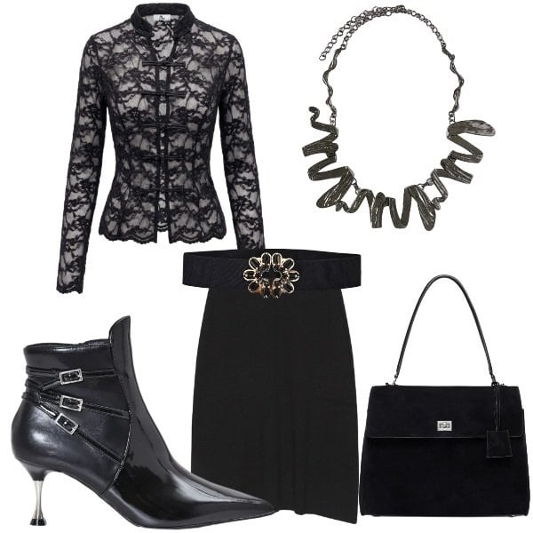 Outfit donna - Halloween. Stile Vintage retrò per Serata fuori. Abbinamento con top, borse a mano, ciondoli, gonne longuette, cinture, stivaletti.