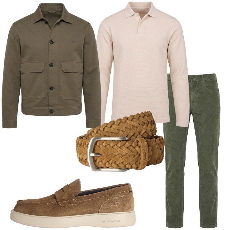 Outfit uomo - Polo a manica lunga. Stile Trendy per Ufficio. Abbinamento con cinture, scarpe stringate, cappotti, polo, pantaloni.