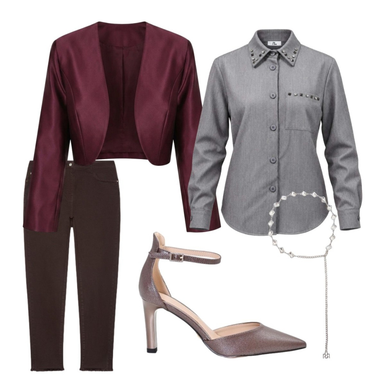 Outfit donna - Casual chic. Stile Casual chic per Serata fuori. Abbinamento con camicie, pantaloni skinny, blazer, décolleté, cinture.