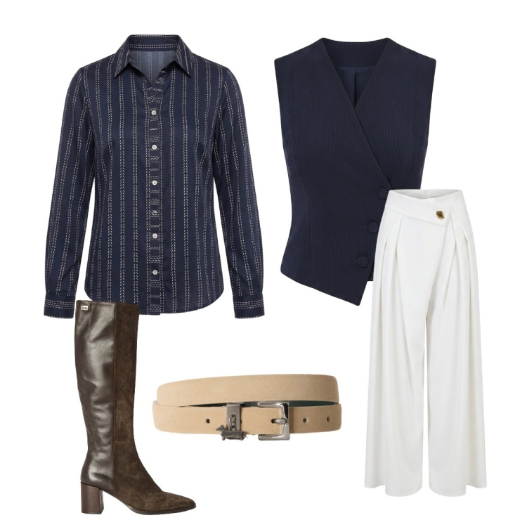 Outfit donna - Layering in blu. Stile Urban per Scuola/Università. Abbinamento con cinture, stivali, camicie, pantaloni a palazzo, gilet.