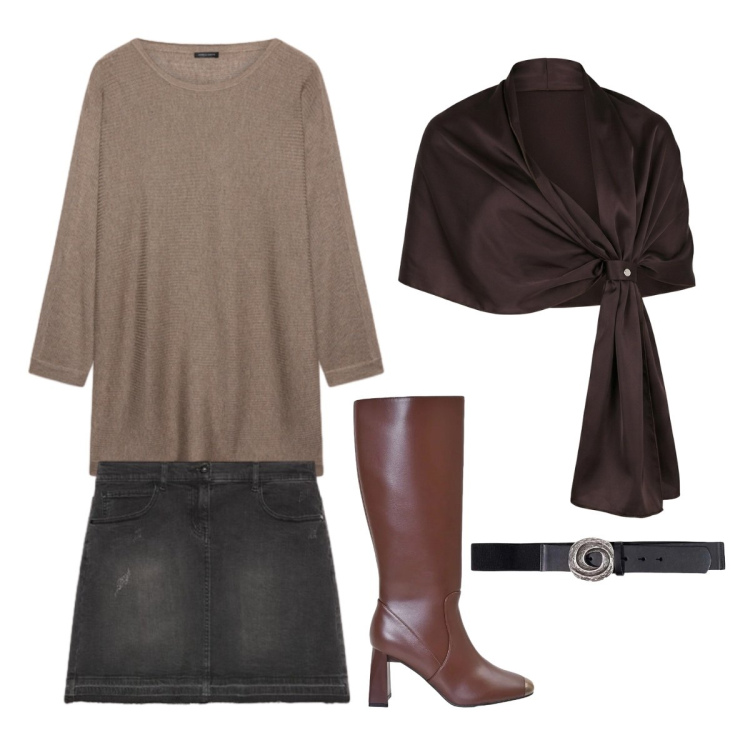 Outfit donna - Evento informale. Stile Basic per Cerimonia. Abbinamento con cinture, minigonne, maglieria, stole, stivali sopra il ginocchio.