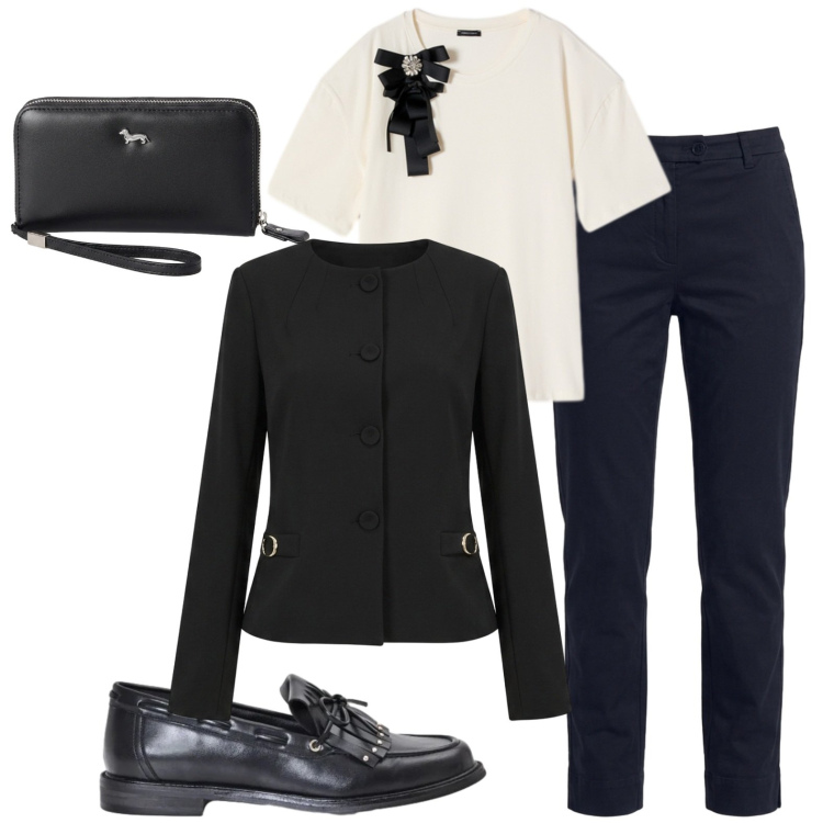 Outfit donna - Casual e completo. Stile Casual chic per Tutti i giorni. Abbinamento con portafogli, jeans, t-shirt, blazer, mocassini.