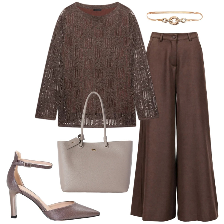 Outfit donna - Brown. Stile Casual per Tutti i giorni. Abbinamento con pantaloni a palazzo, shopping bag, maglieria, cinture, décolleté.