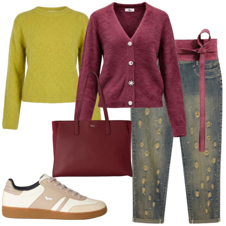 Outfit donna - Denim. Stile Casual per Tutti i giorni. Abbinamento con cardigans, cinture, shopping bag, sneakers, jeans strappati, maglieria.