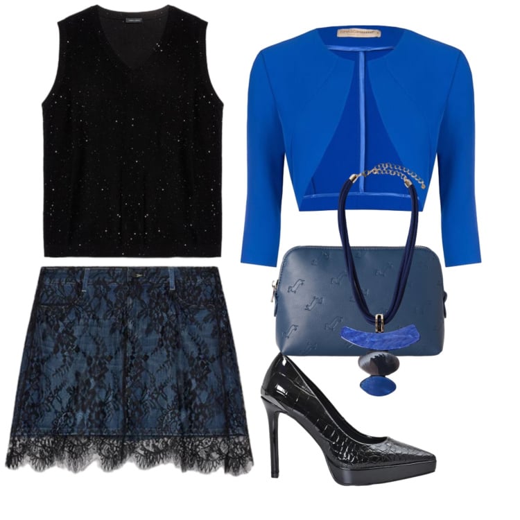 Outfit donna - Notte Blu & Pizzo Nero. Stile Sexy per Serata fuori. Abbinamento con pochette, ciondoli, top, minigonne, décolleté, blazer.
