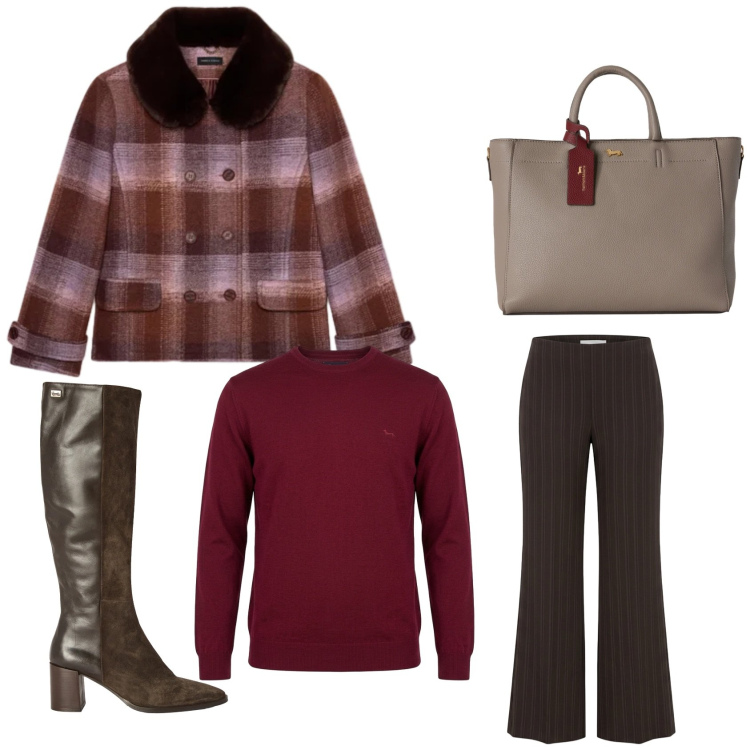Outfit donna - Stilosa. Stile Casual chic per Scuola/Università. Abbinamento con stivali, maglieria, borse a mano, cappotti, pantaloni.