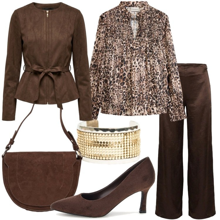 Outfit donna - Aperitivo glam - Focus Donna Curvy. Stile Chic per Serata fuori. Abbinamento con pantaloni a palazzo, blazer, borse a spalla, braccialetti, bluse, décolleté.
