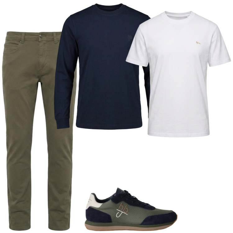 Outfit uomo - Dammi tre colori. Stile Casual per Tutti i giorni. Abbinamento con pantaloni, t-shirt, t-shirt, sneakers.