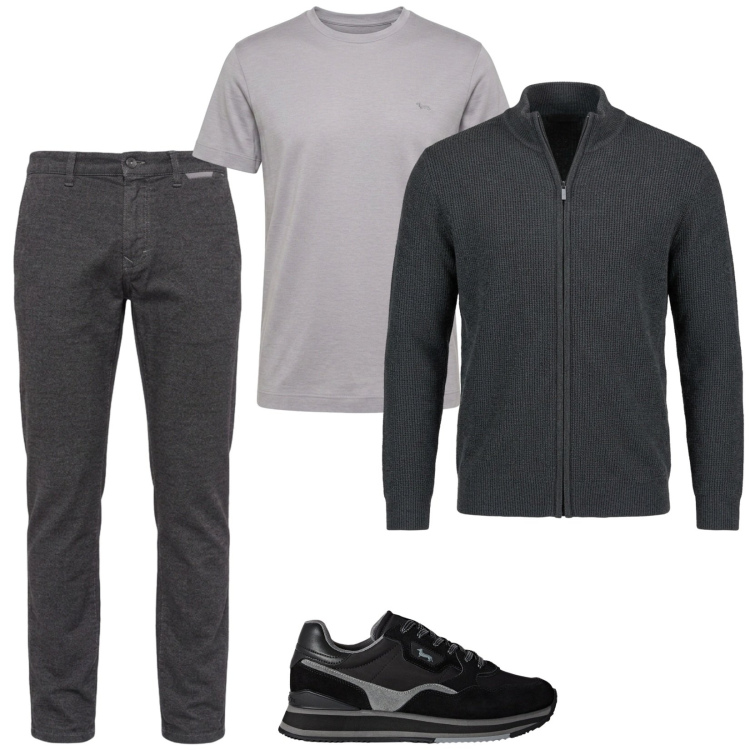 Outfit uomo - Casual chic in grigio. Stile Casual per Tutti i giorni. Abbinamento con t-shirt, pullovers, sneakers, pantaloni.