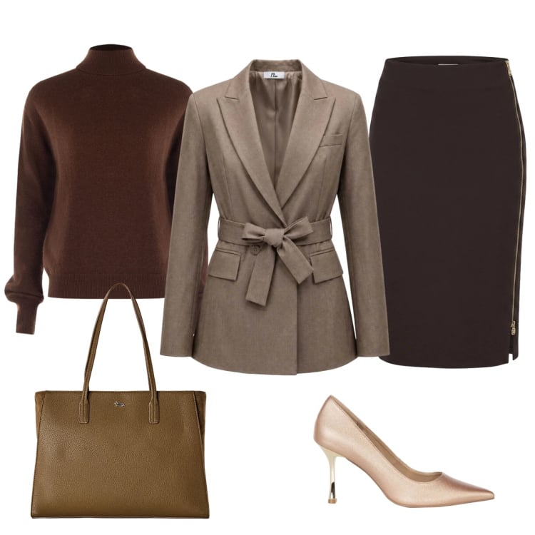Outfit donna - Varietà di marroni. Stile Chic per Ufficio. Abbinamento con blazer, shopping bag, gonne longuette, décolleté, pullovers.