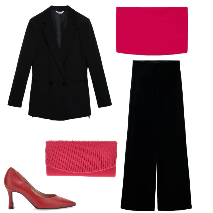 Outfit donna - Rosso. Stile Chic per Serata fuori. Abbinamento con pantaloni, blazer, top, décolleté, pochette.