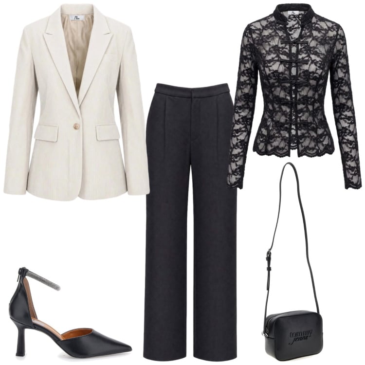 Outfit donna - I AM Today. Stile Chic per Cerimonia. Abbinamento con top, blazer, pantaloni a palazzo, borse a tracolla, décolleté.