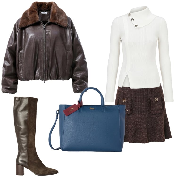 Outfit donna - Bomber: dinamica ma con classe. Stile Casual chic per Tutti i giorni. Abbinamento con bomber, borse a mano, stivali, pullovers, minigonne.