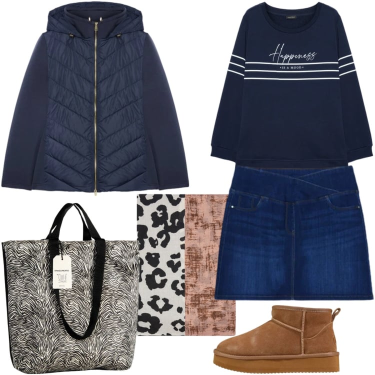 Outfit donna - In blue. Stile Casual per Tutti i giorni. Abbinamento con stivaletti, piumini, felpe, sciarpe, minigonne, borse tote.
