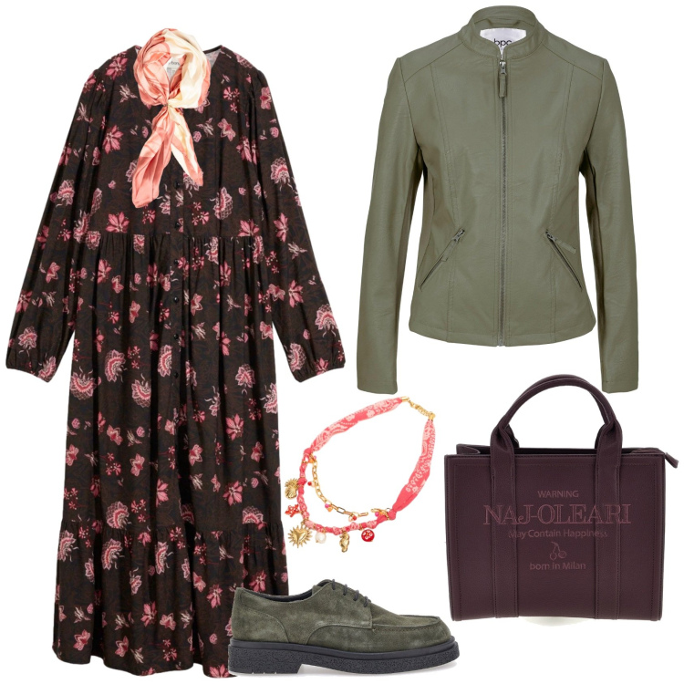 Outfit donna - Total look #2499983. Stile Boho per Tutti i giorni. Abbinamento con foulard, collane, scarpe stringate, blazer, borse a mano, vestiti midi/longuette.