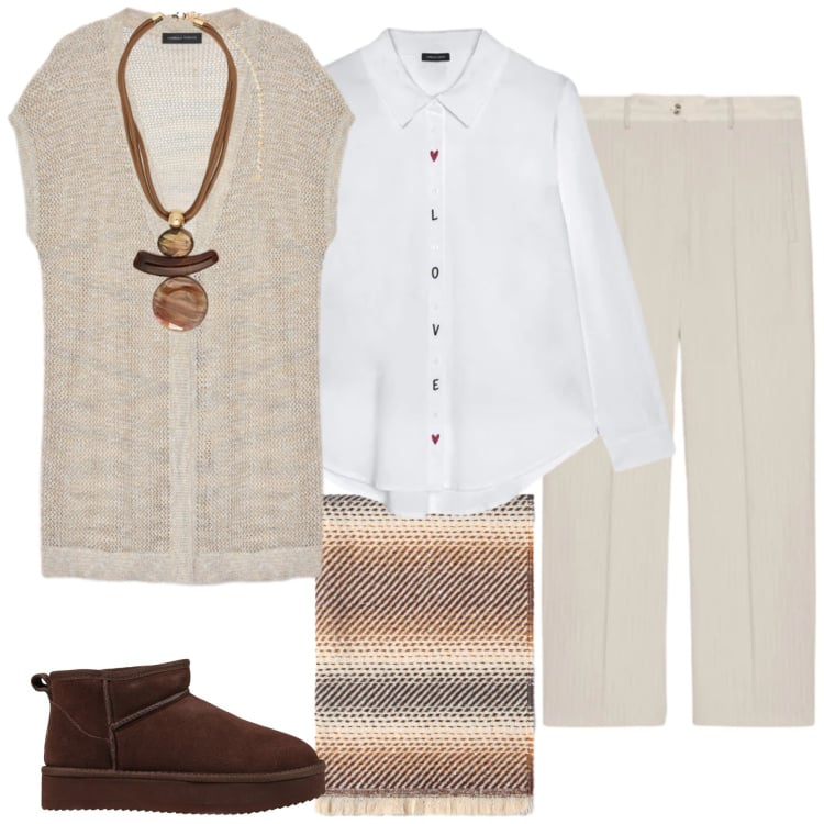 Outfit donna - Comodità. Stile Casual per Tutti i giorni. Abbinamento con stivaletti, pantaloni, maglieria, ciondoli, camicie, sciarpe.