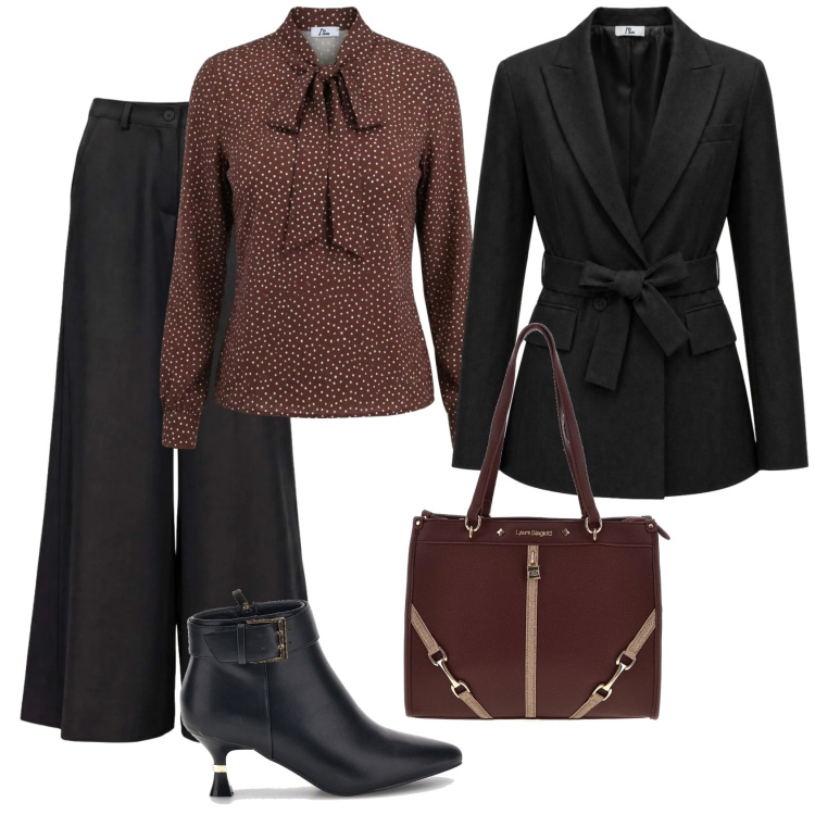 Outfit donna - Total look #2499987. Stile Casual chic per Serata fuori. Abbinamento con pantaloni a palazzo, blazer, bluse, stivaletti, borse a spalla.