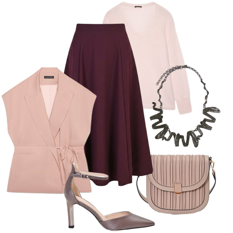 Outfit donna - Passeggiata pomeridiana. Stile Bon Ton per Serata fuori. Abbinamento con gilet, ciondoli, maglieria, borse a tracolla, gonne lunghe, décolleté.