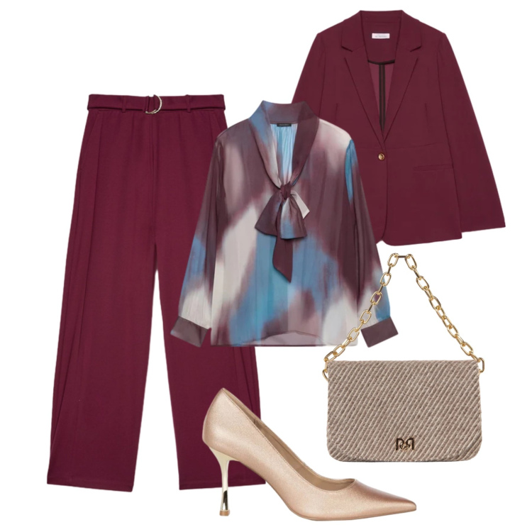 Outfit donna - Aperitivo glam autunnale. Stile Glamour per Tutti i giorni. Abbinamento con bluse, pantaloni a palazzo, blazer, décolleté, borse a spalla.