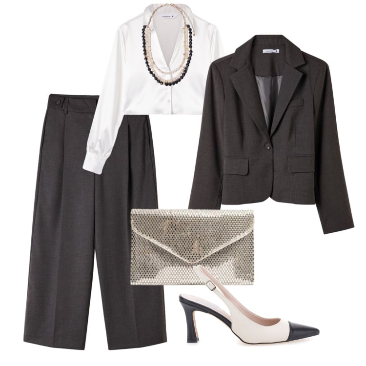 Outfit donna - Completo per l’aperitivo. Stile Glamour per Serata fuori. Abbinamento con collane, pochette, camicie, blazer, pantaloni, décolleté.