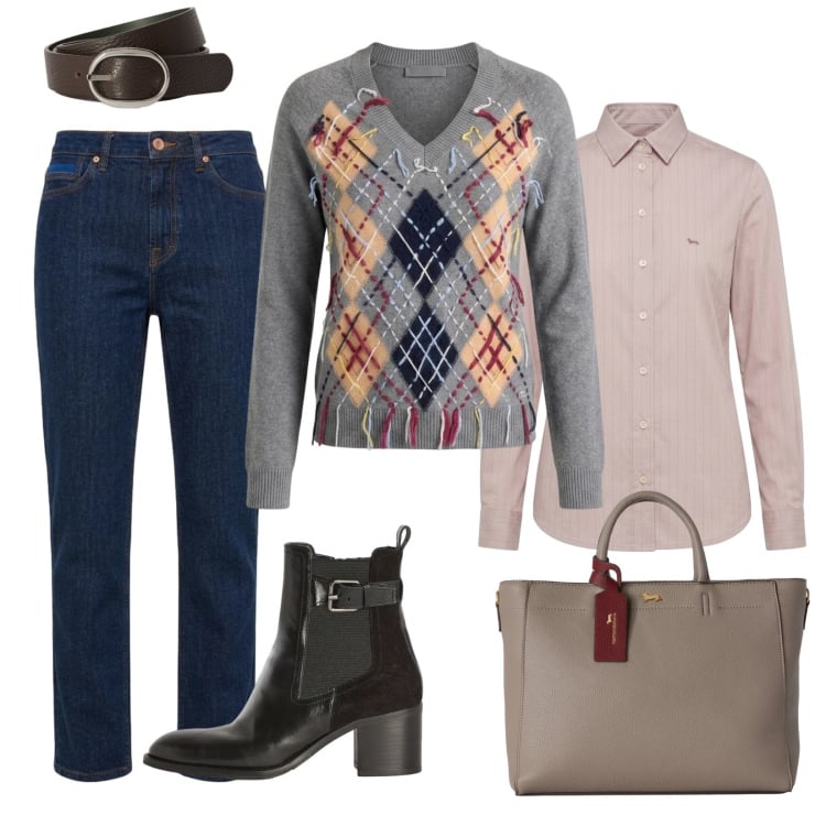 Outfit donna - Un po' British. Stile Basic per Ufficio. Abbinamento con maglieria, camicie, borse a mano, jeans, cinture, stivaletti.