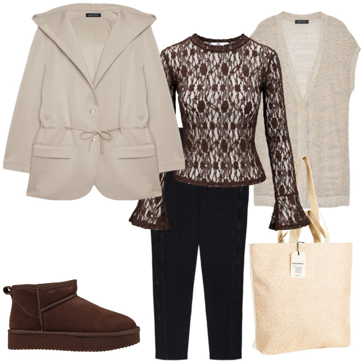 Outfit donna - Total look #2499999. Stile Casual chic per Tutti i giorni. Abbinamento con top, stivaletti, felpe con cappuccio, maglieria, pantaloni, borse tote.