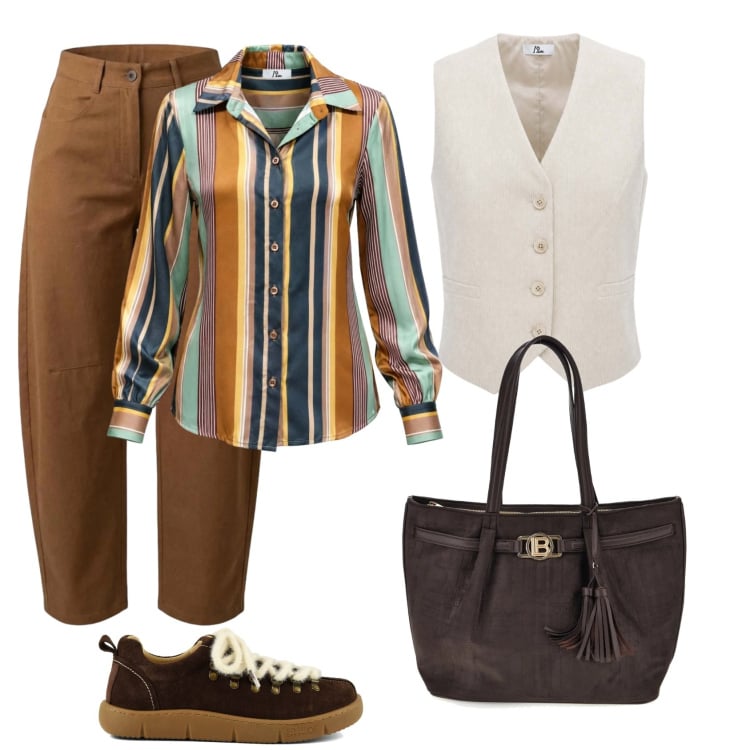 Outfit donna - Total look #2500000. Stile Mannish per Tutti i giorni. Abbinamento con pantaloni, camicie, gilet, sneakers, shopping bag.