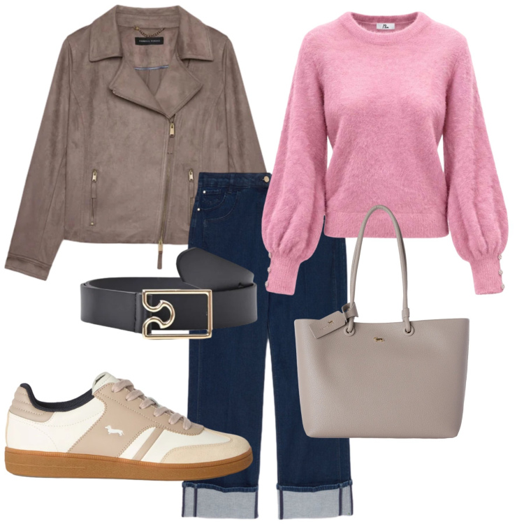 Outfit donna - Total look #2500003. Stile Casual chic per Tutti i giorni. Abbinamento con maglieria, sneakers, shopping bag, jeans dritti, giacche, cinture.
