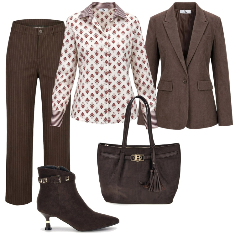 Outfit donna - Total look #2500004. Stile Casual chic per Ufficio. Abbinamento con pantaloni, blazer, camicie, stivaletti, shopping bag.