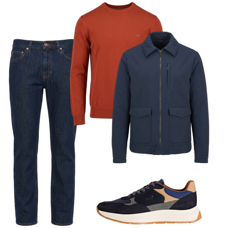 Outfit uomo - Ottobre. Stile Casual per Tutti i giorni. Abbinamento con sneakers, maglieria, giacche, jeans.