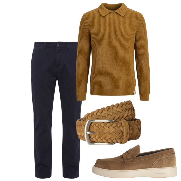 Outfit uomo - Ottobre. Stile Casual per Tutti i giorni. Abbinamento con cinture, scarpe stringate, maglieria, pantaloni.