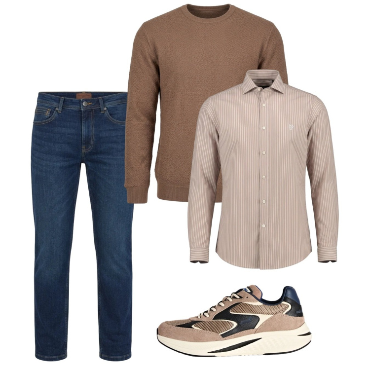 Outfit uomo - Ottobre. Stile Casual per Tutti i giorni. Abbinamento con camicie, sneakers, maglieria, jeans.