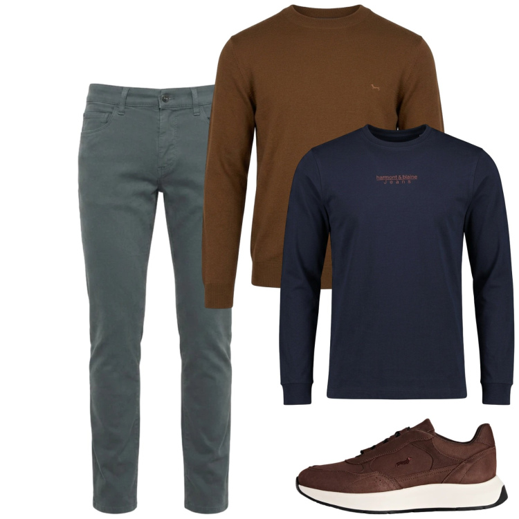 Outfit uomo - Ottobre. Stile Casual per Tutti i giorni. Abbinamento con sneakers, jeans slim fit, t-shirt, maglieria.