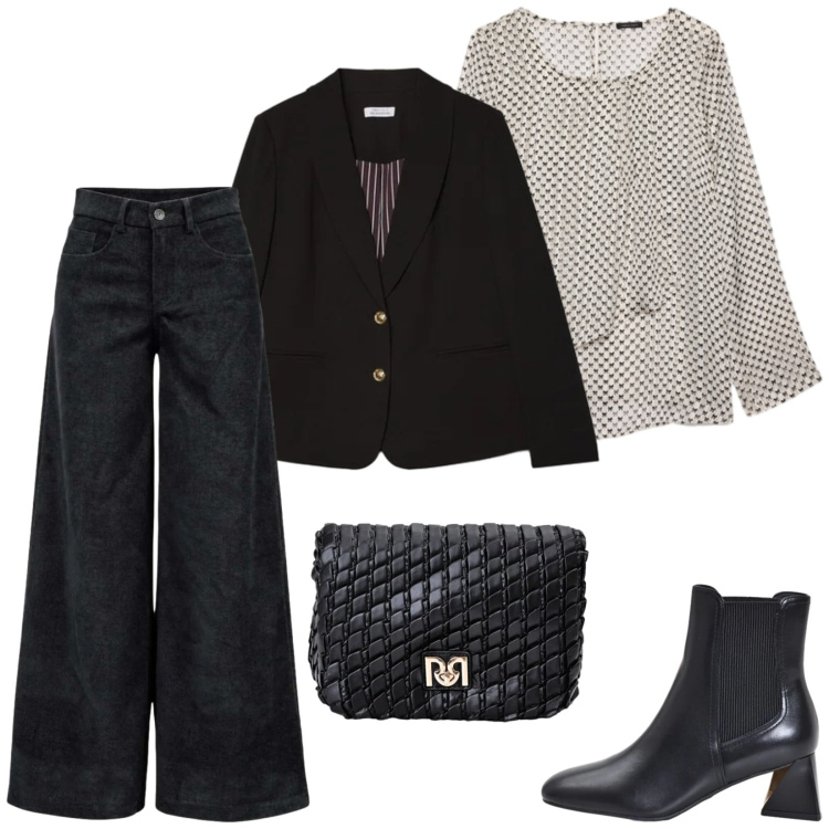 Outfit donna - Total look #2500011. Stile Casual chic per Ufficio. Abbinamento con pantaloni a palazzo, blazer, bluse, borse a tracolla, stivaletti.