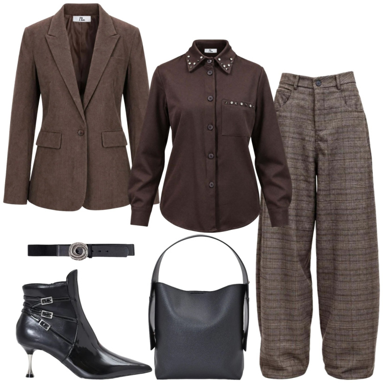 Outfit donna - Total look #2500014. Stile Chic per Ufficio. Abbinamento con pantaloni, camicie, blazer, cinture, borse a spalla, stivaletti.