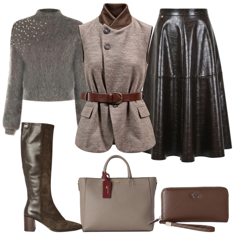Outfit donna - In tono. Stile Chic per Tutti i giorni. Abbinamento con gilet, borse a mano, portafogli, stivali, maglieria, gonne longuette.
