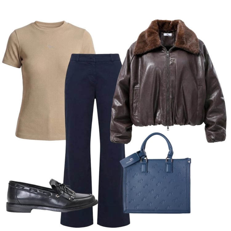 Outfit donna - Il bomber per ottobre. Stile Bon Ton per Tutti i giorni. Abbinamento con bomber, borse a mano, pantaloni, t-shirt, mocassini.